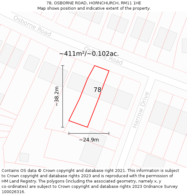 78, OSBORNE ROAD, HORNCHURCH, RM11 1HE: Plot and title map