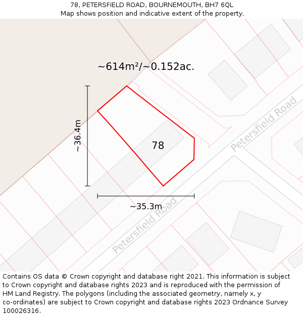 78, PETERSFIELD ROAD, BOURNEMOUTH, BH7 6QL: Plot and title map