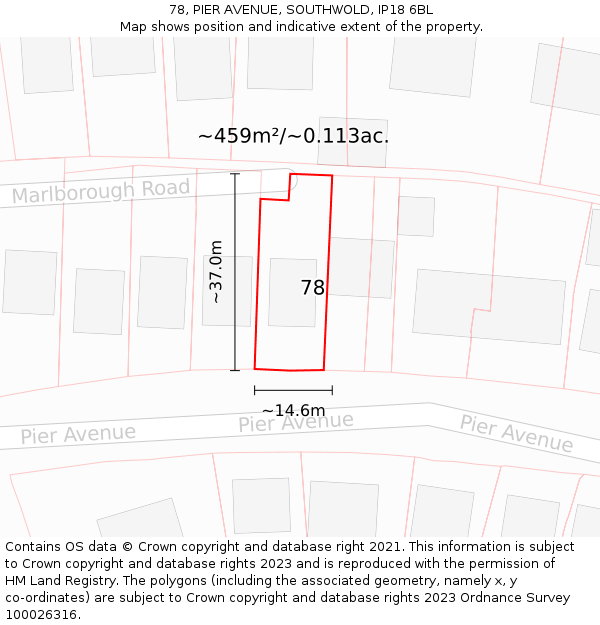 78, PIER AVENUE, SOUTHWOLD, IP18 6BL: Plot and title map