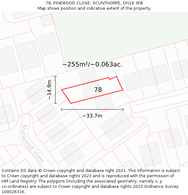 78, PINEWOOD CLOSE, SCUNTHORPE, DN16 3FB: Plot and title map