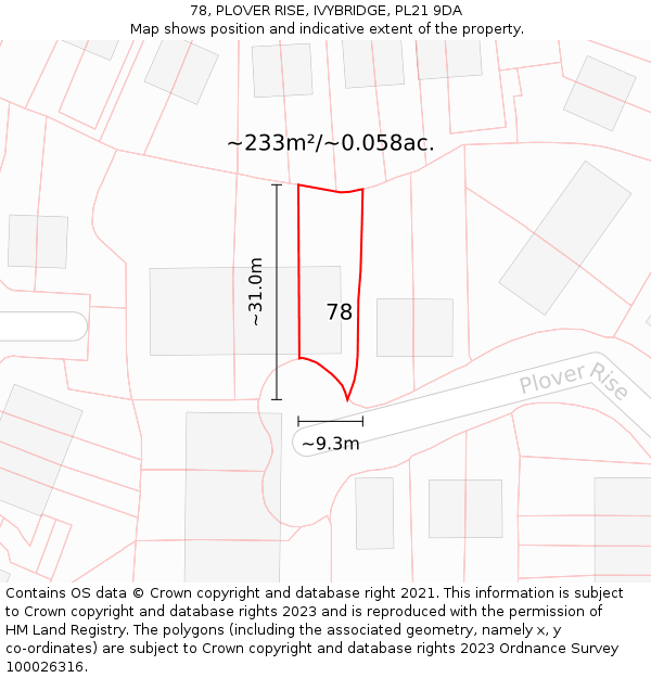 78, PLOVER RISE, IVYBRIDGE, PL21 9DA: Plot and title map