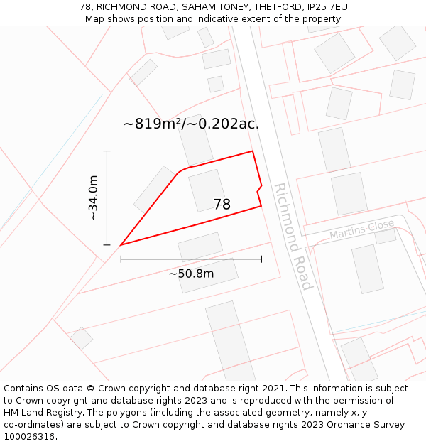 78, RICHMOND ROAD, SAHAM TONEY, THETFORD, IP25 7EU: Plot and title map