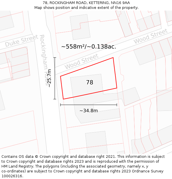 78, ROCKINGHAM ROAD, KETTERING, NN16 9AA: Plot and title map