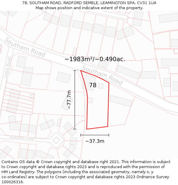 78, SOUTHAM ROAD, RADFORD SEMELE, LEAMINGTON SPA, CV31 1UA: Plot and title map