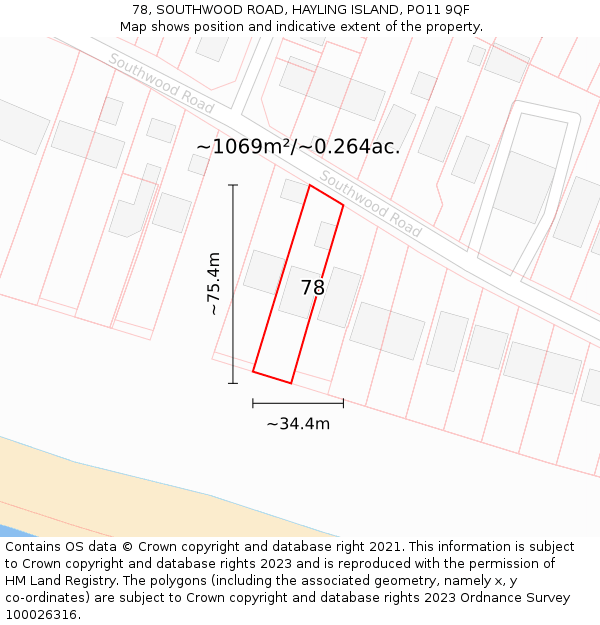 78, SOUTHWOOD ROAD, HAYLING ISLAND, PO11 9QF: Plot and title map