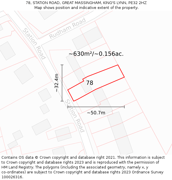 78, STATION ROAD, GREAT MASSINGHAM, KING'S LYNN, PE32 2HZ: Plot and title map