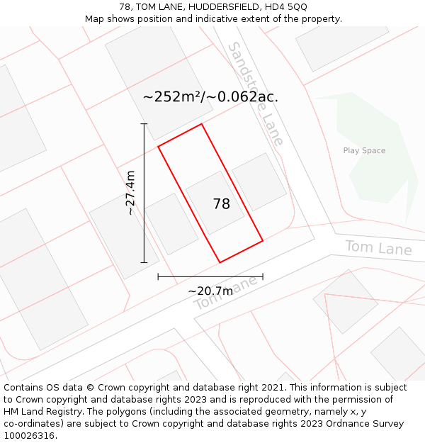 78, TOM LANE, HUDDERSFIELD, HD4 5QQ: Plot and title map