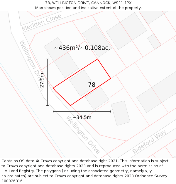 78, WELLINGTON DRIVE, CANNOCK, WS11 1PX: Plot and title map