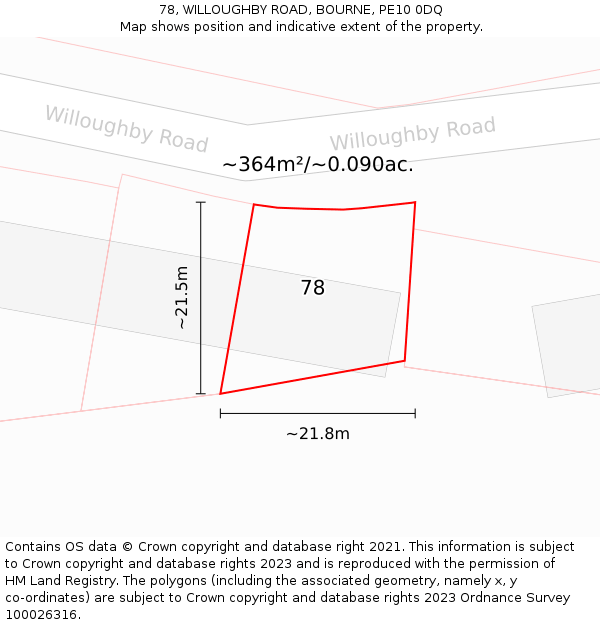 78, WILLOUGHBY ROAD, BOURNE, PE10 0DQ: Plot and title map