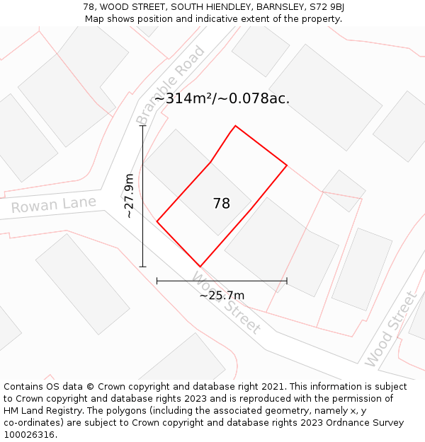 78, WOOD STREET, SOUTH HIENDLEY, BARNSLEY, S72 9BJ: Plot and title map