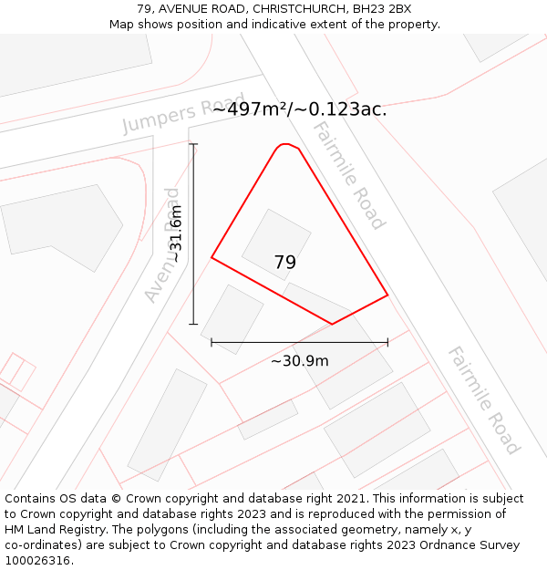 79, AVENUE ROAD, CHRISTCHURCH, BH23 2BX: Plot and title map