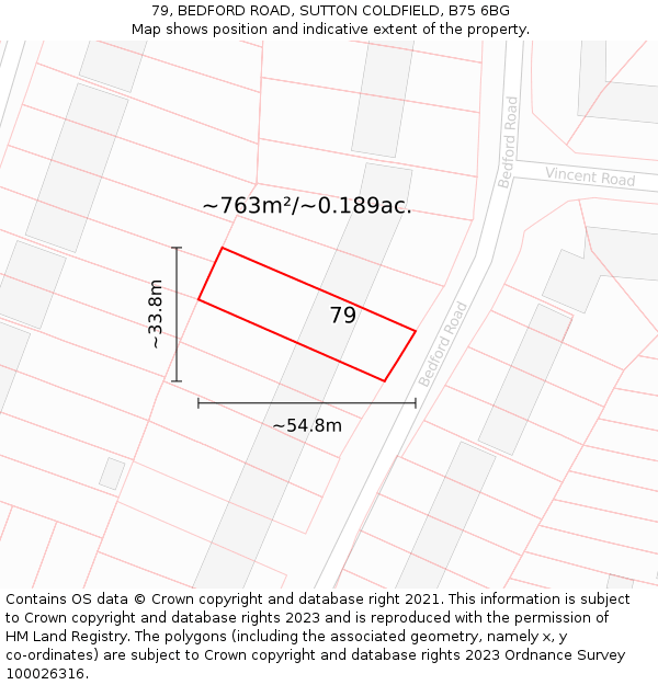 79, BEDFORD ROAD, SUTTON COLDFIELD, B75 6BG: Plot and title map