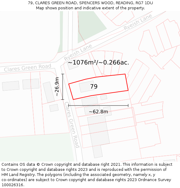 79, CLARES GREEN ROAD, SPENCERS WOOD, READING, RG7 1DU: Plot and title map