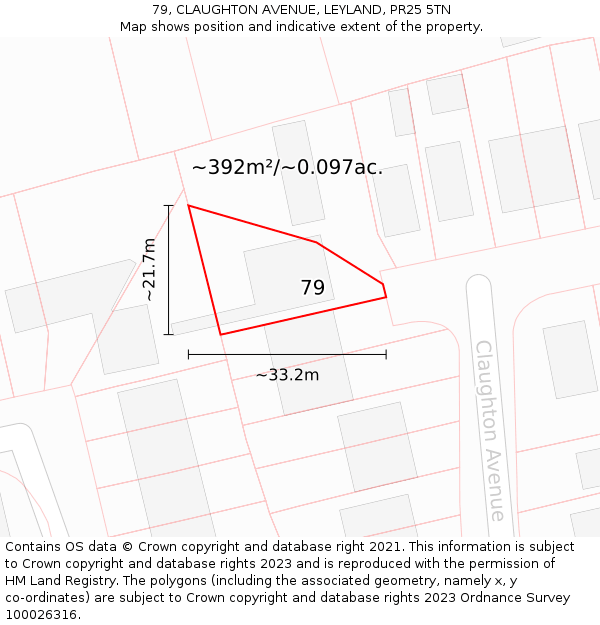 79, CLAUGHTON AVENUE, LEYLAND, PR25 5TN: Plot and title map