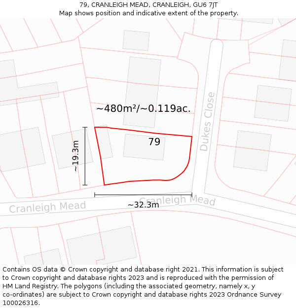 79, CRANLEIGH MEAD, CRANLEIGH, GU6 7JT: Plot and title map