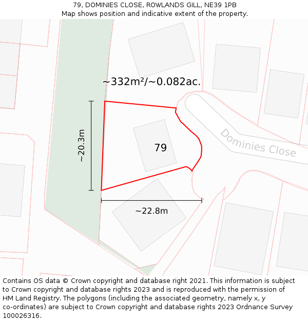 79, DOMINIES CLOSE, ROWLANDS GILL, NE39 1PB: Plot and title map