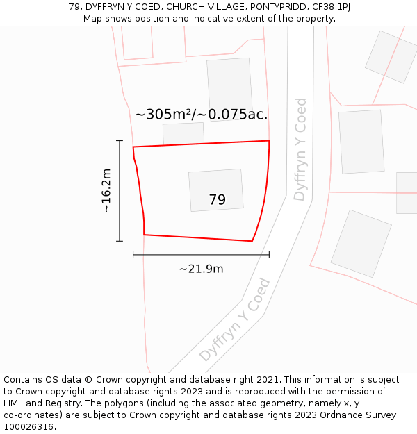 79, DYFFRYN Y COED, CHURCH VILLAGE, PONTYPRIDD, CF38 1PJ: Plot and title map