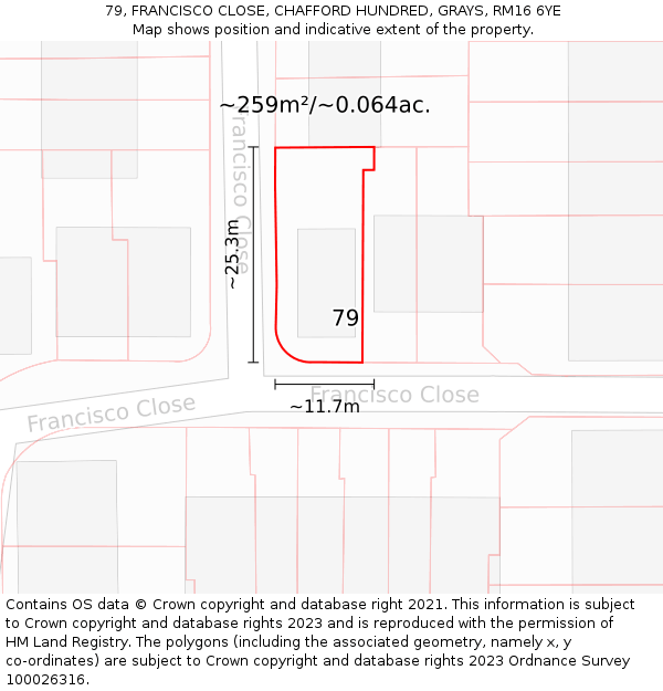 79, FRANCISCO CLOSE, CHAFFORD HUNDRED, GRAYS, RM16 6YE: Plot and title map