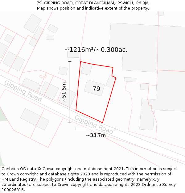 79, GIPPING ROAD, GREAT BLAKENHAM, IPSWICH, IP6 0JA: Plot and title map