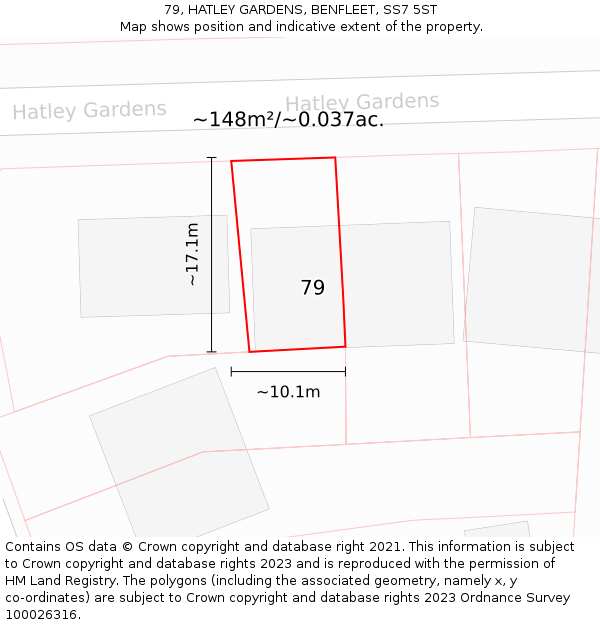 79, HATLEY GARDENS, BENFLEET, SS7 5ST: Plot and title map