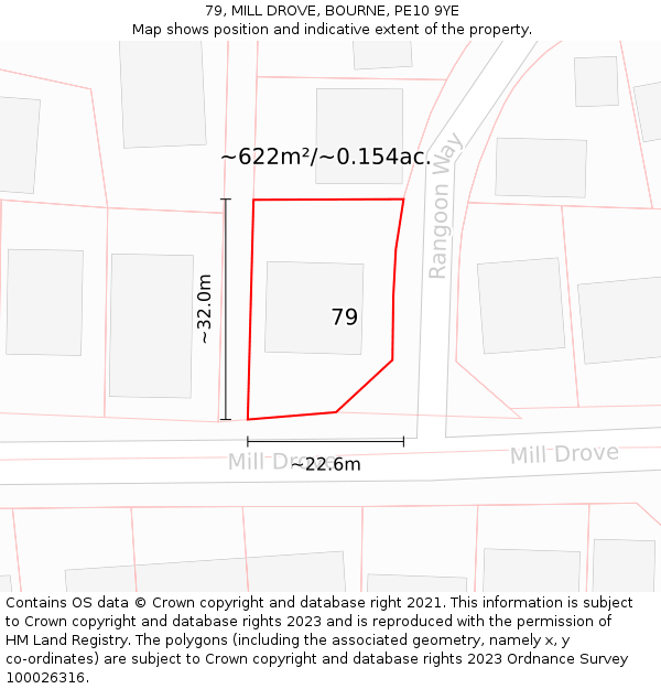 79, MILL DROVE, BOURNE, PE10 9YE: Plot and title map