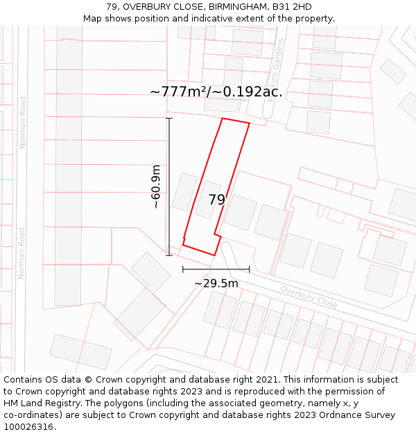 79, OVERBURY CLOSE, BIRMINGHAM, B31 2HD: Plot and title map