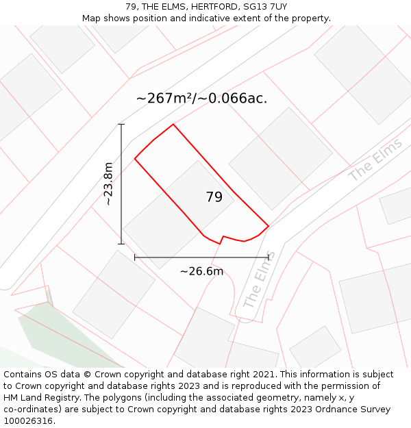 79, THE ELMS, HERTFORD, SG13 7UY: Plot and title map