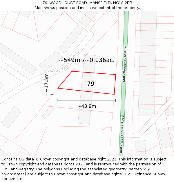 79, WOODHOUSE ROAD, MANSFIELD, NG18 2BB: Plot and title map
