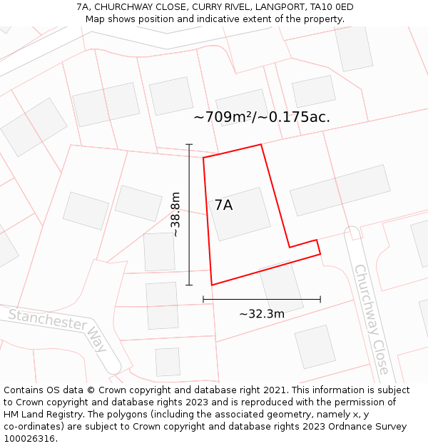 7A, CHURCHWAY CLOSE, CURRY RIVEL, LANGPORT, TA10 0ED: Plot and title map