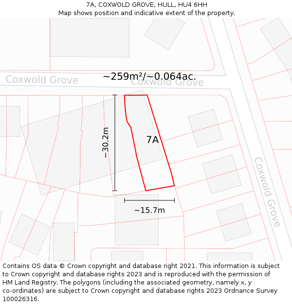 7A, COXWOLD GROVE, HULL, HU4 6HH: Plot and title map