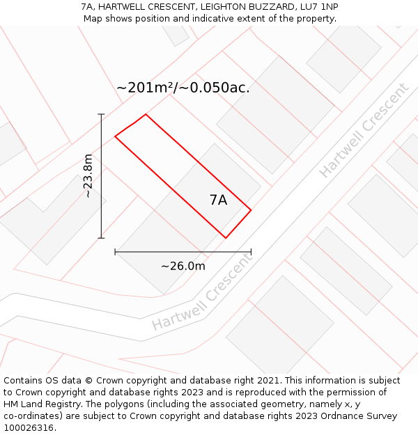 7A, HARTWELL CRESCENT, LEIGHTON BUZZARD, LU7 1NP: Plot and title map