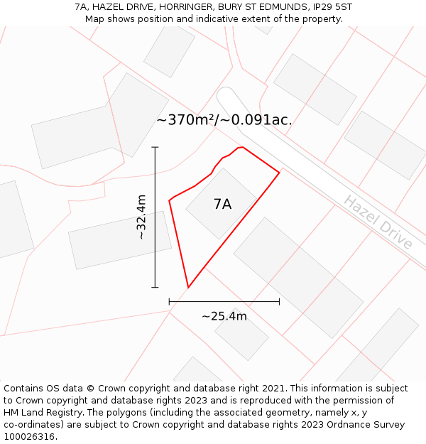 7A, HAZEL DRIVE, HORRINGER, BURY ST EDMUNDS, IP29 5ST: Plot and title map