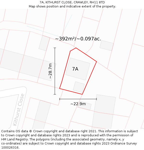 7A, KITHURST CLOSE, CRAWLEY, RH11 8TD: Plot and title map