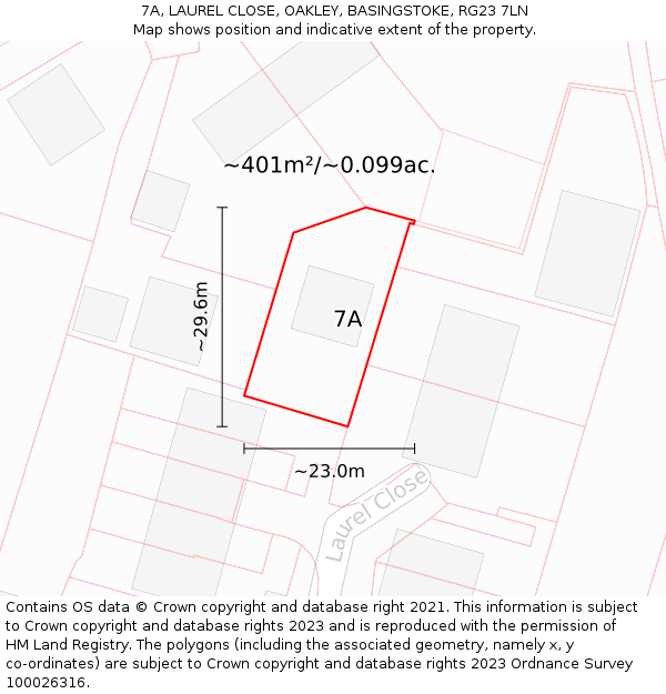 7A, LAUREL CLOSE, OAKLEY, BASINGSTOKE, RG23 7LN: Plot and title map