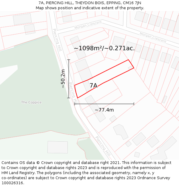 7A, PIERCING HILL, THEYDON BOIS, EPPING, CM16 7JN: Plot and title map