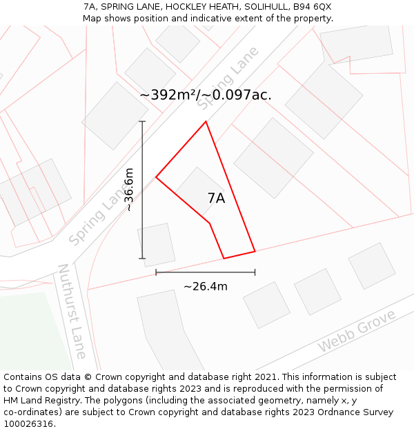 7A, SPRING LANE, HOCKLEY HEATH, SOLIHULL, B94 6QX: Plot and title map