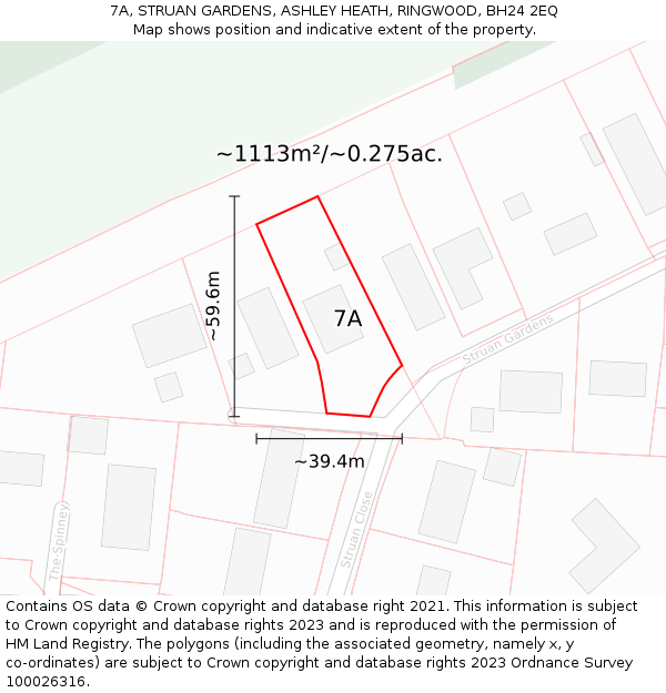 7A, STRUAN GARDENS, ASHLEY HEATH, RINGWOOD, BH24 2EQ: Plot and title map