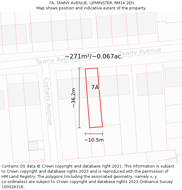 7A, TAWNY AVENUE, UPMINSTER, RM14 2EN: Plot and title map