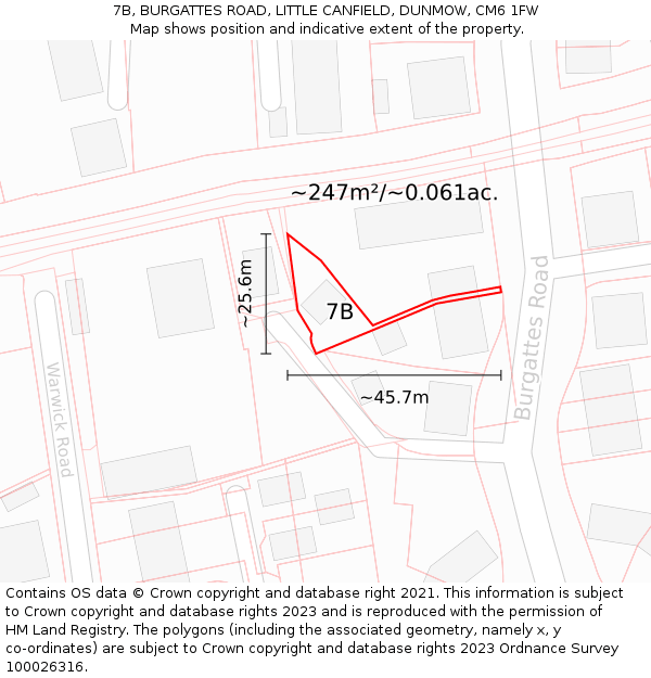 7B, BURGATTES ROAD, LITTLE CANFIELD, DUNMOW, CM6 1FW: Plot and title map