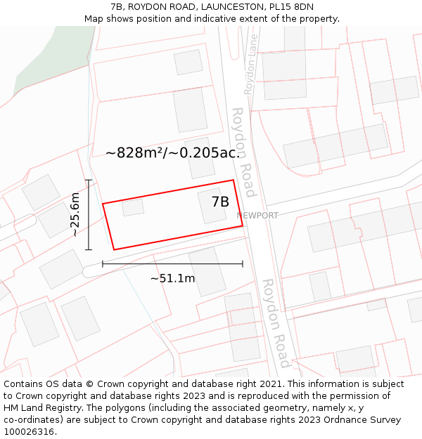 7B, ROYDON ROAD, LAUNCESTON, PL15 8DN: Plot and title map