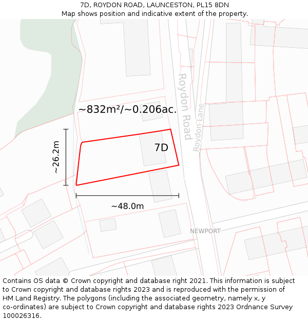 7D, ROYDON ROAD, LAUNCESTON, PL15 8DN: Plot and title map