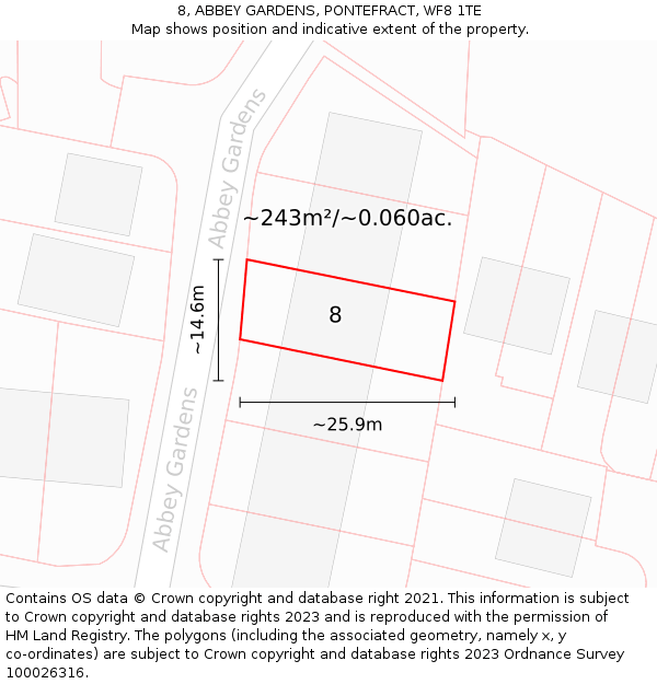 8, ABBEY GARDENS, PONTEFRACT, WF8 1TE: Plot and title map