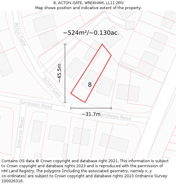8, ACTON GATE, WREXHAM, LL11 2PN: Plot and title map