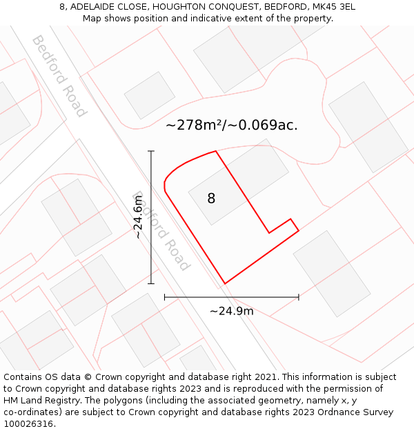 8, ADELAIDE CLOSE, HOUGHTON CONQUEST, BEDFORD, MK45 3EL: Plot and title map