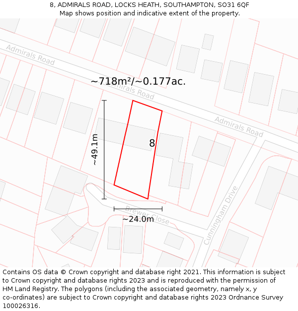 8, ADMIRALS ROAD, LOCKS HEATH, SOUTHAMPTON, SO31 6QF: Plot and title map