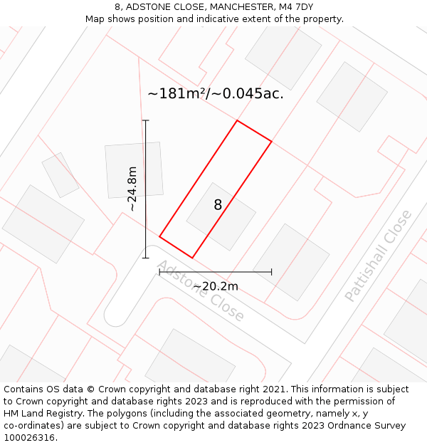 8, ADSTONE CLOSE, MANCHESTER, M4 7DY: Plot and title map