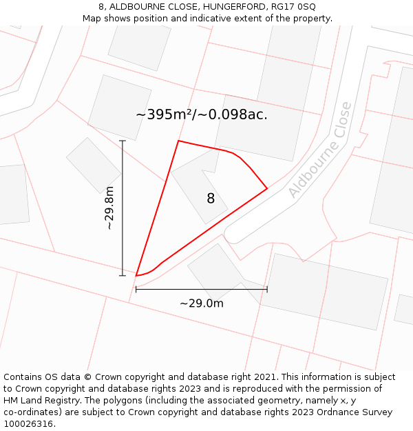 8, ALDBOURNE CLOSE, HUNGERFORD, RG17 0SQ: Plot and title map