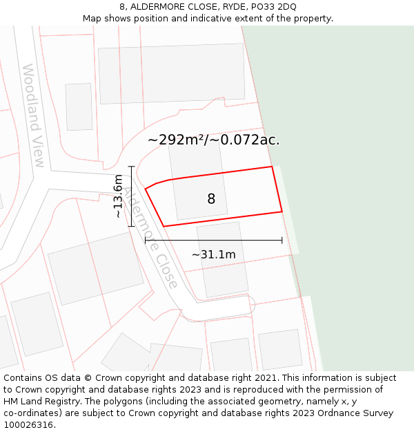 8, ALDERMORE CLOSE, RYDE, PO33 2DQ: Plot and title map