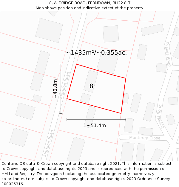 8, ALDRIDGE ROAD, FERNDOWN, BH22 8LT: Plot and title map