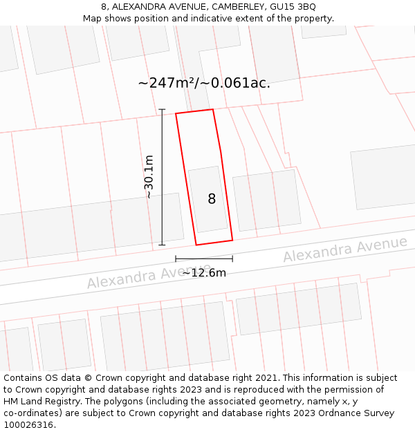 8, ALEXANDRA AVENUE, CAMBERLEY, GU15 3BQ: Plot and title map